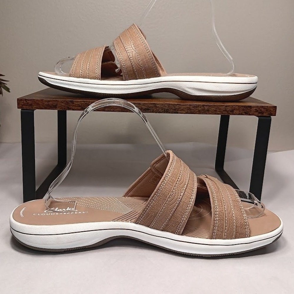 Clarks Breeze Piper Sandals Womens 10 Tan New Cloudsteppers Adjustable Slides - Picture 2 of 10